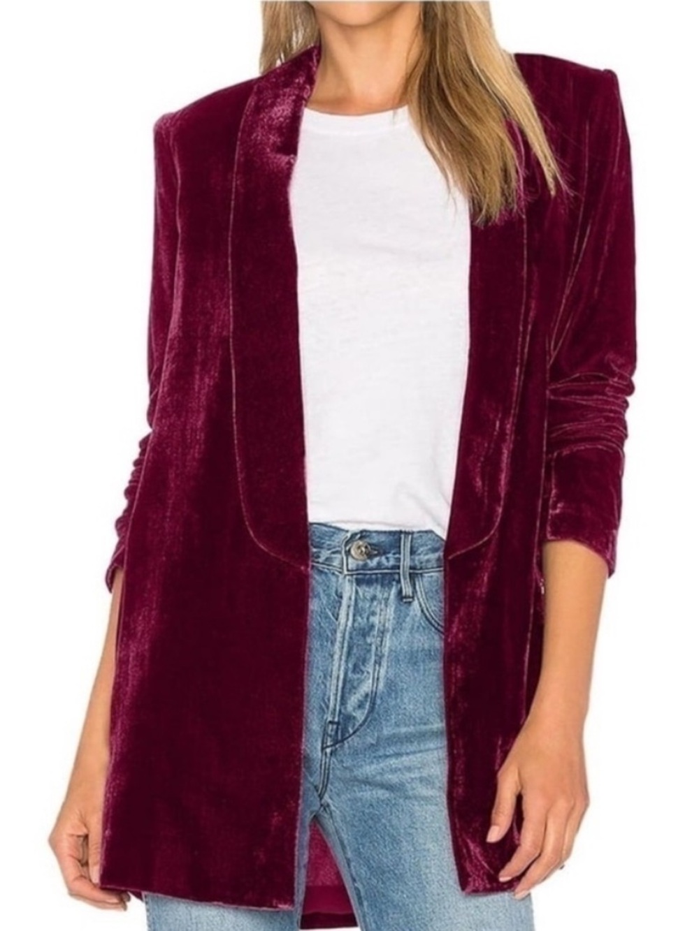 Futurino Burgundy Velvet Open Front Jacket. L. NWT.
